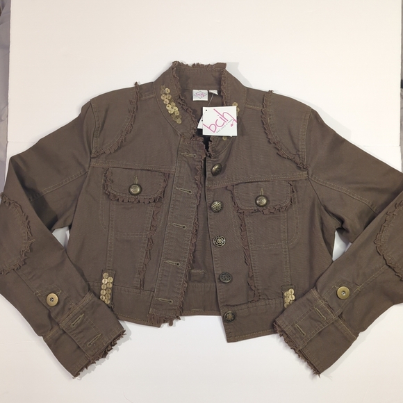 NWT Best Chick In Heels Brown Cropped Denim Jacket - Women's Size XL Utility - Picture 1 of 13